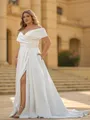 Fashion A-line Off-the-Shoulder Pleated Court Train Satin Corset Plus Size Wedding Dress