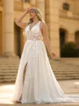 Glam A-line V-Neck Appliques Lace Court Train Tulle Corset Plus Size Wedding Dress