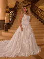 Pretty A-line V-Neck Appliques Lace Cathedral Train Tulle Plus Size Wedding Dress