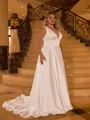 Charming A-line V-Neck Court Train Satin Plus Size Wedding Dress