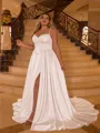 Hot A-line Spaghetti Straps Pleated Sweep Train Charmeuse Corset Plus Size Wedding Dress