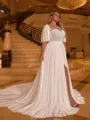 Delicate A-line Scoop Short Sleeves Appliques Lace Chapel Train Tulle Plus Size Wedding Dress