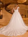 Glamorous A-line V-Neck Appliques Lace Court Train Tulle Plus Size Wedding Dress