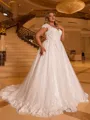 Glamorous A-line V-Neck Appliques Lace Court Train Tulle Plus Size Wedding Dress