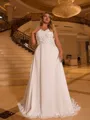 Elegant A-line V-Neck Appliques Lace Sweep Train Chiffon Corset Plus Size Wedding Dress