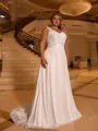 Elegant A-line V-Neck Appliques Lace Sweep Train Chiffon Corset Plus Size Wedding Dress