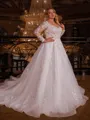 Opulent A-line Scoop Long Sleeves Appliques Lace Sweep Train Organza Plus Size Wedding Dress