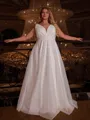 Exquisite A-line V-Neck Pleated Sweep Train Corset Plus Size Wedding Dress
