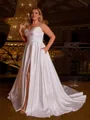 Stunning A-line Sweetheart Pleated Sweep Train Satin Corset Plus Size Wedding Dress