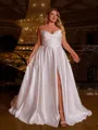 Stunning A-line Sweetheart Pleated Sweep Train Satin Corset Plus Size Wedding Dress