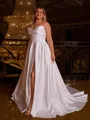 Stunning A-line Sweetheart Pleated Sweep Train Satin Corset Plus Size Wedding Dress