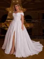 Splendid Ball-Gown Off-the-Shoulder Pleated Court Train Corset Plus Size Wedding Dress