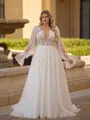 Enchanting A-line V-Neck Long Sleeves Appliques Lace Court Train Tulle Plus Size Wedding Dress