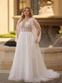Enchanting A-line V-Neck Long Sleeves Appliques Lace Court Train Tulle Plus Size Wedding Dress