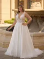 Enchanting A-line V-Neck Long Sleeves Appliques Lace Court Train Tulle Plus Size Wedding Dress