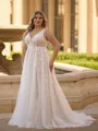 Breathtaking A-line V-Neck Appliques Lace Court Train Tulle Plus Size Wedding Dress