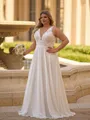 Gorgeous A-line V-Neck Appliques Lace Floor-Length Chiffon Corset Plus Size Wedding Dress