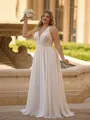 Gorgeous A-line V-Neck Appliques Lace Floor-Length Chiffon Corset Plus Size Wedding Dress