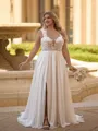 Luxurious A-line Straps Appliques Lace Sweep Train Chiffon Plus Size Wedding Dress