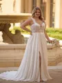 Luxurious A-line Straps Appliques Lace Sweep Train Chiffon Plus Size Wedding Dress