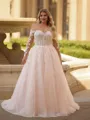 Show-stopping A-line Scoop Long Sleeves Appliques Lace Court Train Tulle Corset Plus Size Wedding Dress