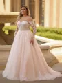 Show-stopping A-line Scoop Long Sleeves Appliques Lace Court Train Tulle Corset Plus Size Wedding Dress