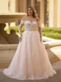 Show-stopping A-line Scoop Long Sleeves Appliques Lace Court Train Tulle Corset Plus Size Wedding Dress