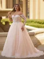 Show-stopping A-line Scoop Long Sleeves Appliques Lace Court Train Tulle Corset Plus Size Wedding Dress