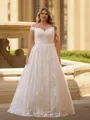 Mesmerizing A-line Off-the-Shoulder Appliques Lace Sweep Train Tulle Corset Plus Size Wedding Dress