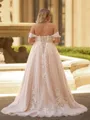 Striking A-line Off-the-Shoulder Appliques Lace Sweep Train Tulle Corset Plus Size Wedding Dress