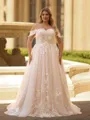 Striking A-line Off-the-Shoulder Appliques Lace Sweep Train Tulle Corset Plus Size Wedding Dress