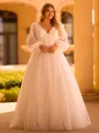 Splendiferous A-line V-Neck Long Sleeves Appliques Lace Sweep Train Tulle Corset Plus Size Wedding Dress
