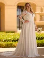 Unforgettable A-line V-Neck Long Sleeves Appliques Lace Court Train Chiffon Corset Plus Size Wedding Dress