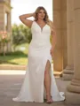 Fashion-forward Sheath V-Neck Pleated Chapel Train Stretch Crepe Plus Size Wedding Dress