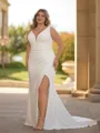 Fashion-forward Sheath V-Neck Pleated Chapel Train Stretch Crepe Plus Size Wedding Dress