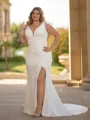 Fashion-forward Sheath V-Neck Pleated Chapel Train Stretch Crepe Plus Size Wedding Dress