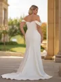 Unique Sheath Off-the-Shoulder Pleated Court Train Stretch Crepe Corset Plus Size Wedding Dress