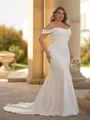 Unique Sheath Off-the-Shoulder Pleated Court Train Stretch Crepe Corset Plus Size Wedding Dress