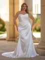 Stunning Sheath Off-the-Shoulder Pleated Court Train Silk Like Satin Corset Plus Size Wedding Dress