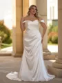 Stunning Sheath Off-the-Shoulder Pleated Court Train Silk Like Satin Corset Plus Size Wedding Dress