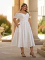 Glamorous A-line Off-the-Shoulder Pleated Tea-Length Satin Corset Plus Size Wedding Dress