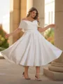 Glamorous A-line Off-the-Shoulder Pleated Tea-Length Satin Corset Plus Size Wedding Dress