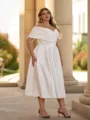 Glamorous A-line Off-the-Shoulder Pleated Tea-Length Satin Corset Plus Size Wedding Dress