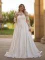 Hermosos A-line Scoop Long Sleeves Appliques Lace Court Train Satin Plus Size Wedding Dress
