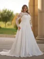 Hermosos A-line Scoop Long Sleeves Appliques Lace Court Train Satin Plus Size Wedding Dress