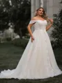 Splendid A-line Off-the-Shoulder Appliques Lace Court Train Tulle Corset Plus Size Wedding Dress