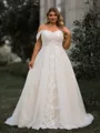 Splendid A-line Off-the-Shoulder Appliques Lace Court Train Tulle Corset Plus Size Wedding Dress