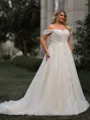 Splendid A-line Off-the-Shoulder Appliques Lace Court Train Tulle Corset Plus Size Wedding Dress