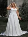 Graceful A-line Off-the-Shoulder Appliques Lace Chapel Train Stretch Crepe Plus Size Wedding Dress