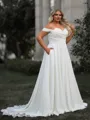 Graceful A-line Off-the-Shoulder Appliques Lace Chapel Train Stretch Crepe Plus Size Wedding Dress